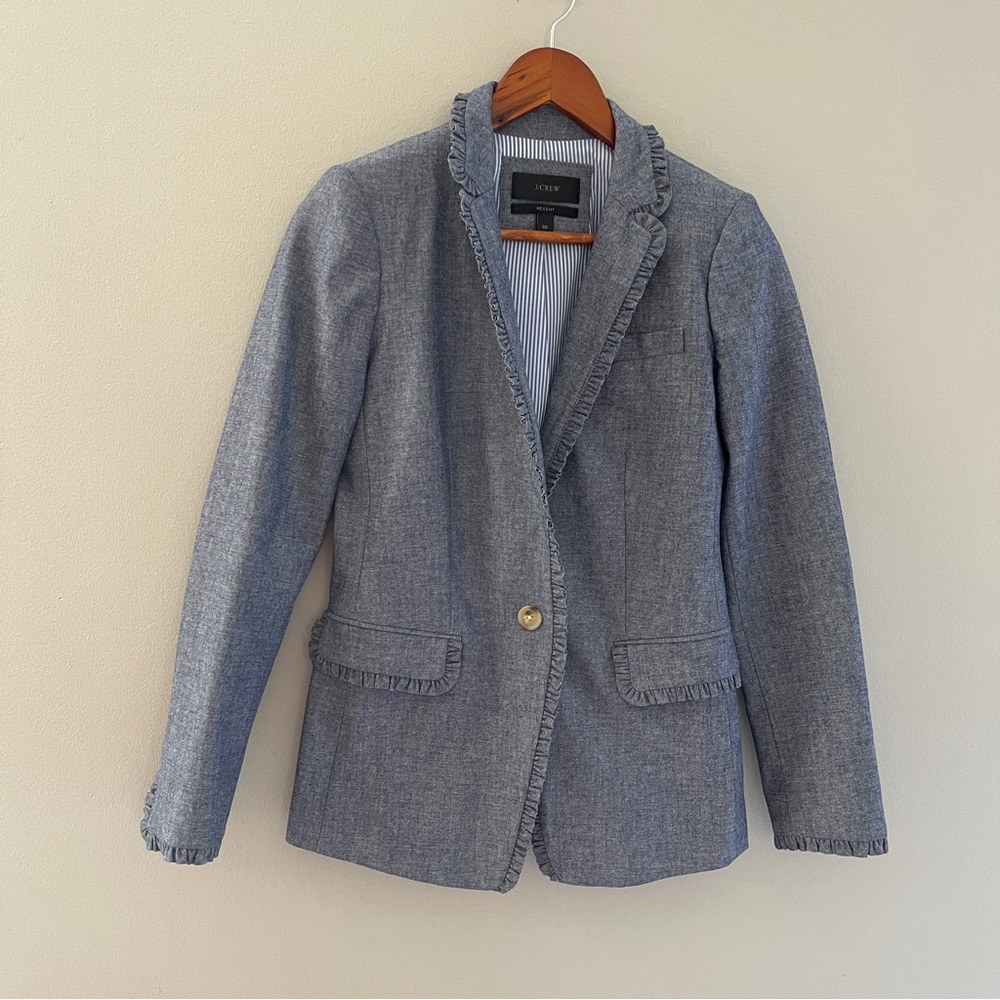 J. Crew Blue Chambray Regent Blazer Size 00 Ruffle Trim Style G1960 Academia